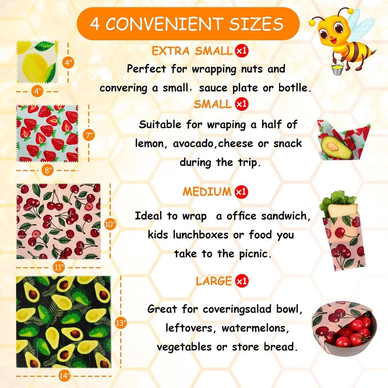 celsirex Reusable Beeswax Wrap, 4 Pack Eco-Friendly Beeswax Wraps For Food, Organic, Sustainable, Biodegradable, Zero Waste, Plastic-Free Food Storage, 1L Avocado, 1M Cherry, 1S Strawberry, 1XS Lemon Patterns - Image 3